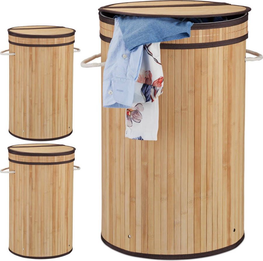 Relaxdays 3x wasmand bamboe ronde wasbox met deksel 63 x 40 cm 65 liter natuur