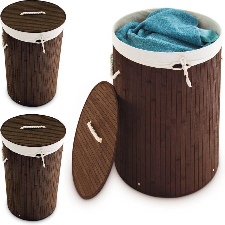 Relaxdays 3x wasmand bamboe wasbox met deksel 70 liter rond 65 x 41 cm bruin