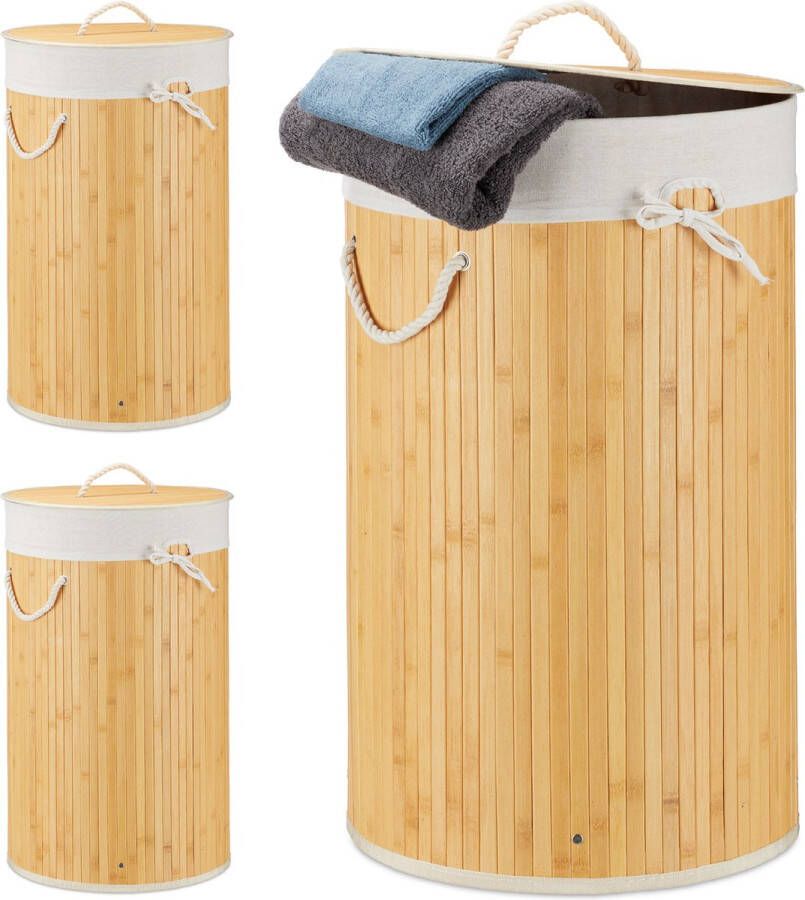 Relaxdays 3x wasmand bamboe wasbox met deksel 70 liter rond 65 x 41 cm crème