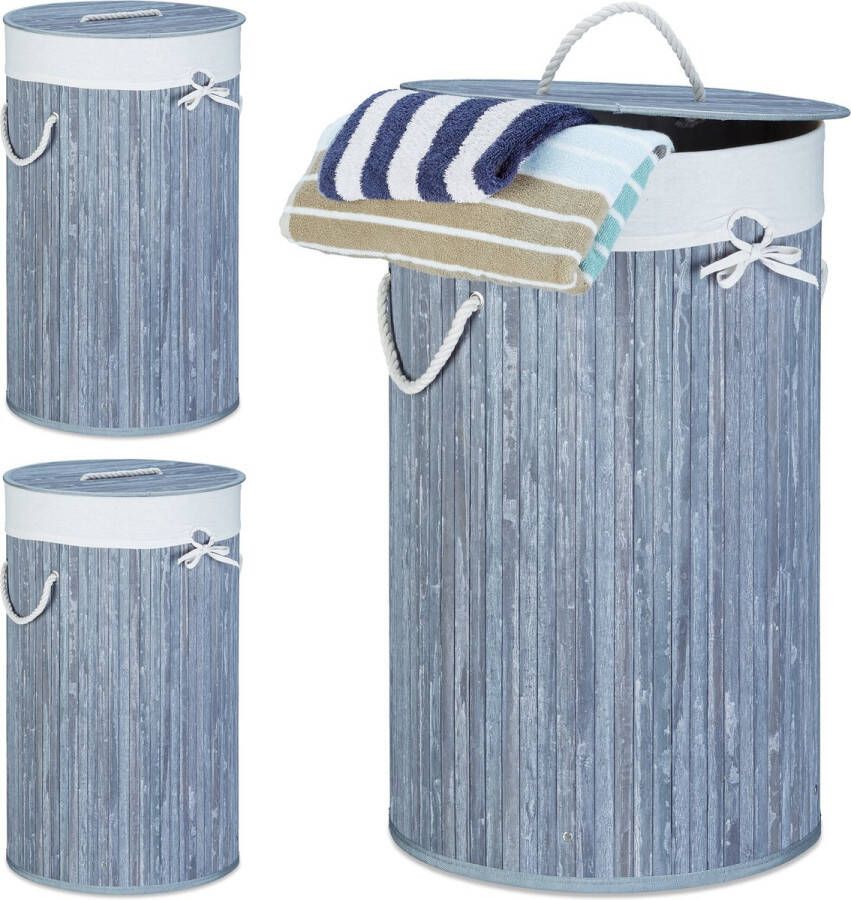 Relaxdays 3x wasmand bamboe wasbox met deksel 70 liter rond 65 x 41 cm grijs