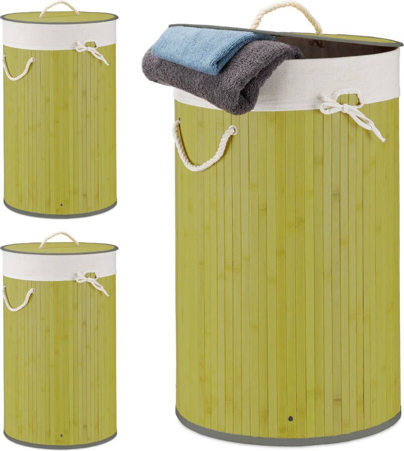 Relaxdays 3x wasmand bamboe wasbox met deksel 70 liter rond 65 x 41 cm groen