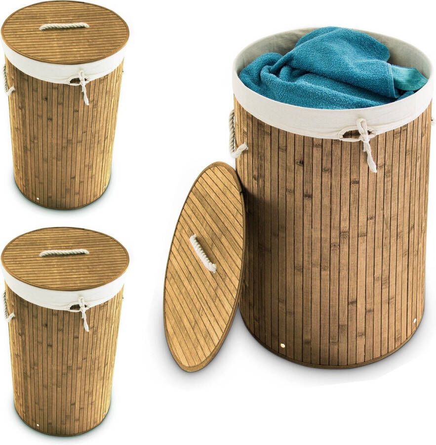 Relaxdays 3x wasmand bamboe wasbox met deksel 70 liter rond 65 x 41 cm natuur