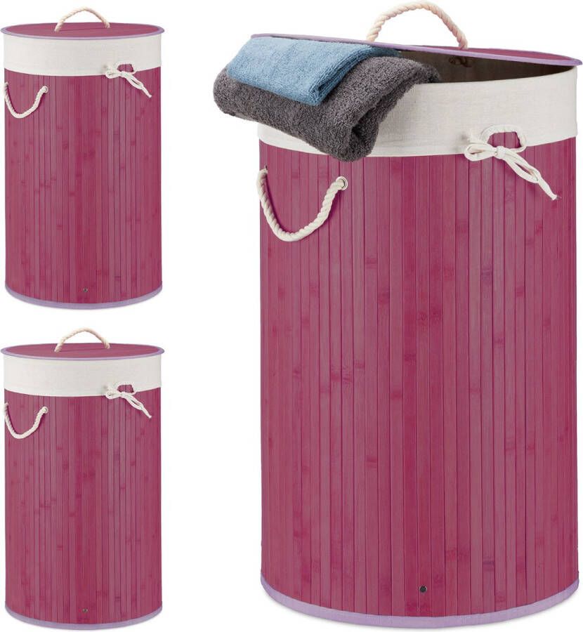 Relaxdays 3x wasmand bamboe wasbox met deksel 70 liter rond 65 x 41 cm paars
