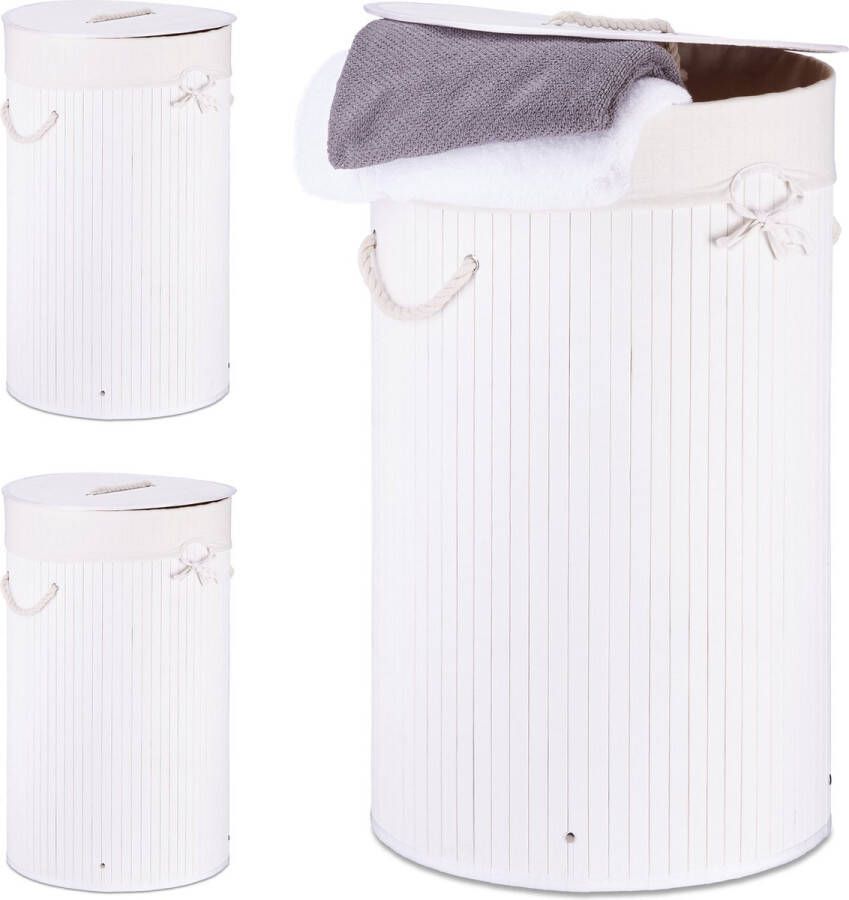 Relaxdays 3x wasmand bamboe wasbox met deksel 70 liter rond 65 x 41 cm wit