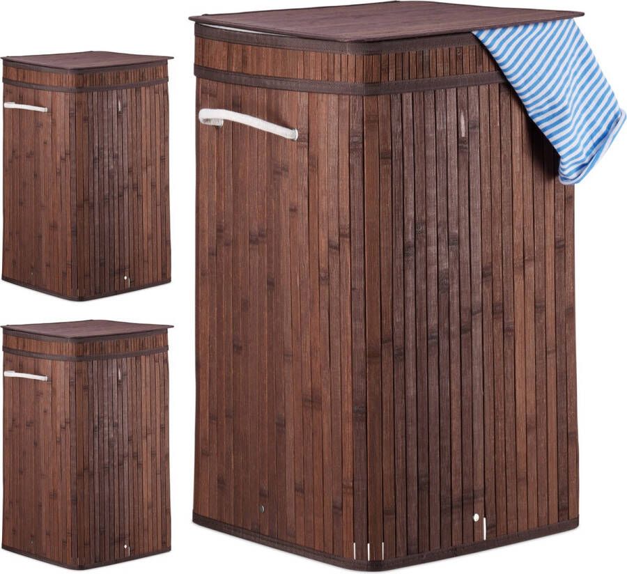 Relaxdays 3x wasmand bamboe wasbox opvouwbaar 70L vierkant 63x36x36 cm bruin