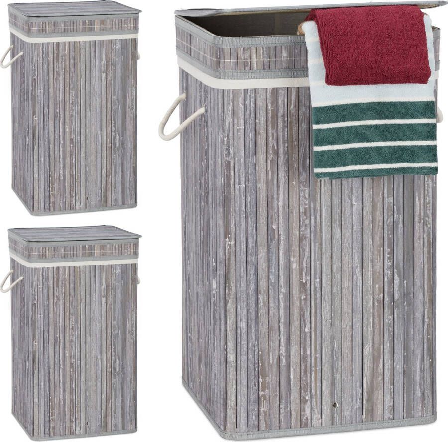 Relaxdays 3x wasmand bamboe wasbox opvouwbaar 70L vierkant 63x36x36 cm grijs