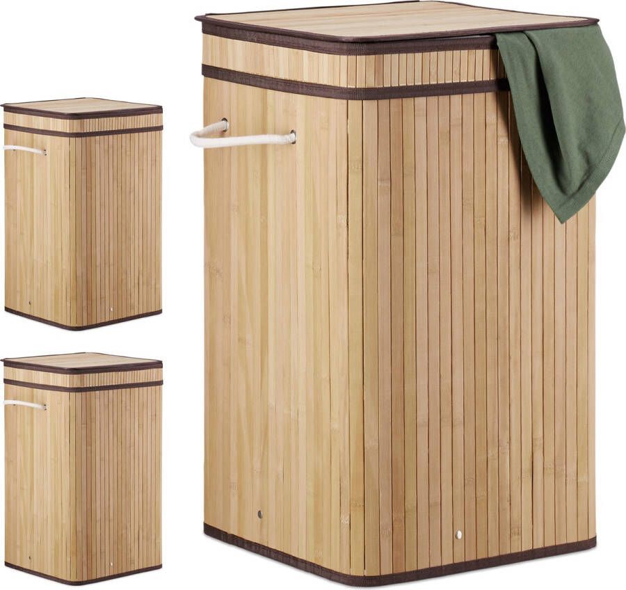 Relaxdays 3x wasmand bamboe wasbox opvouwbaar 70L vierkant 63x36x36 cm natuur