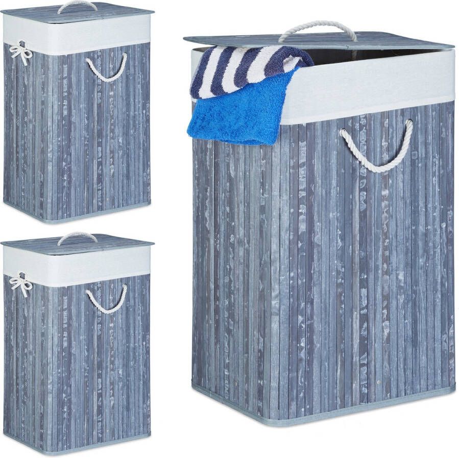 Relaxdays 3x wasmand bamboe wasbox opvouwbaar 80 L 65 5 x 43 5 x 33 5 cm grijs