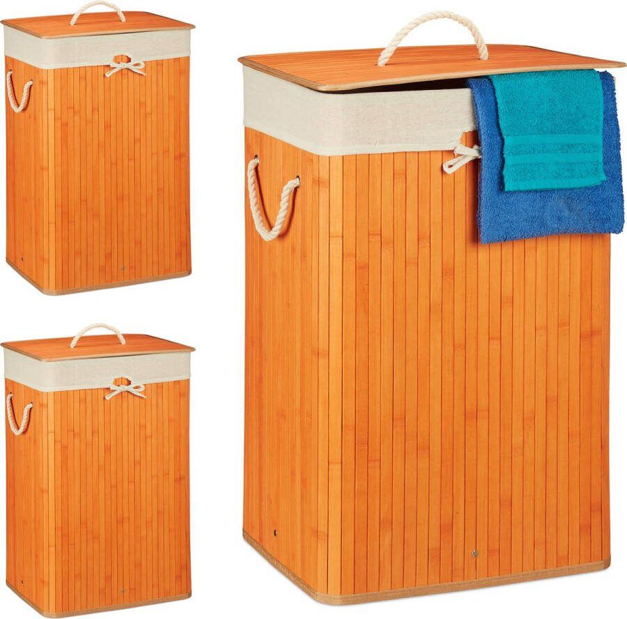 Relaxdays 3x wasmand bamboe wasbox opvouwbaar 80 L 65 5 x 43 5 x 33 5 cm oranje