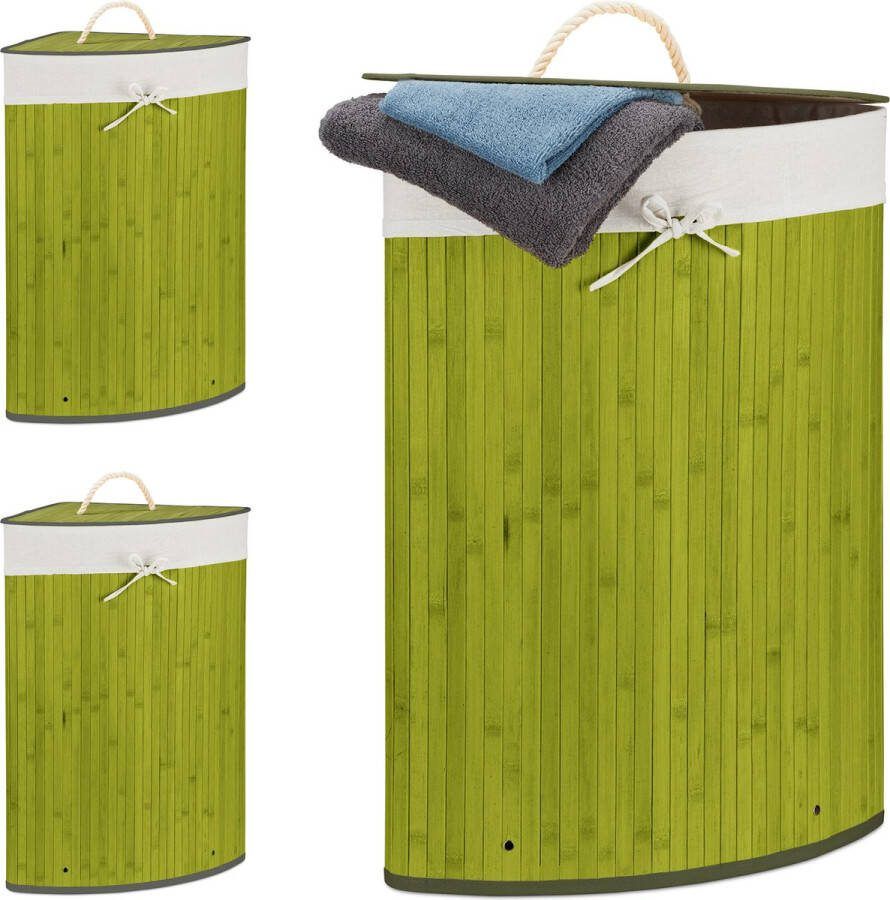 Relaxdays 3x wasmand hoekmodel bamboe 60 liter deksel wasbox driehoekig groen