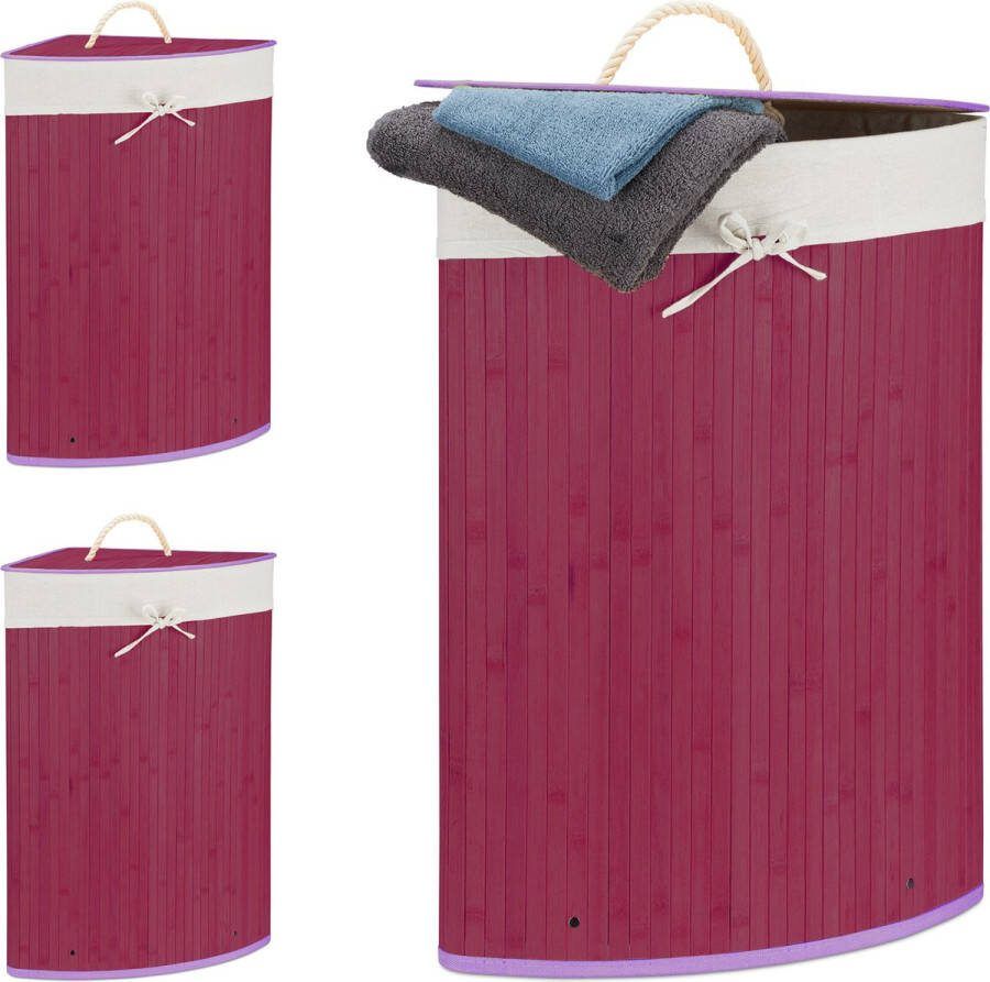 Relaxdays 3x wasmand hoekmodel bamboe 60 liter deksel wasbox driehoekig paars
