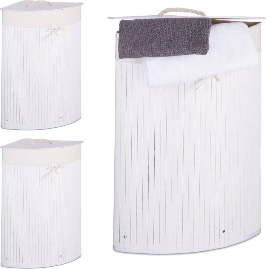 Relaxdays 3x wasmand hoekmodel bamboe 60 liter deksel witte wasbox driehoekig