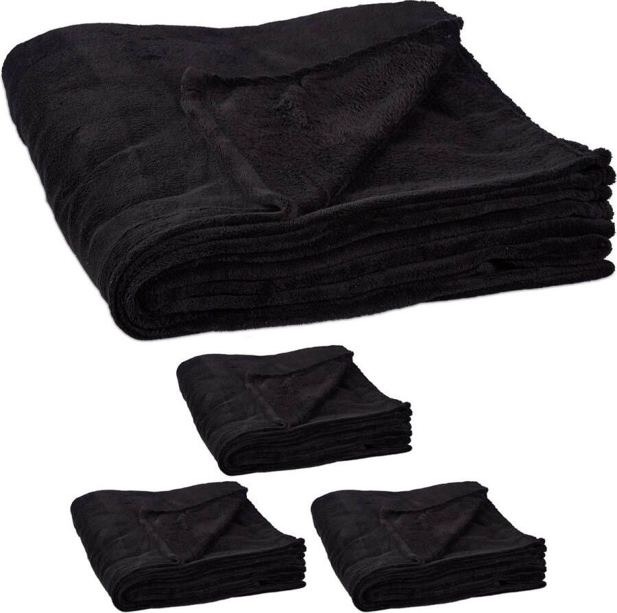 Relaxdays 4 x fleece deken groot plaid – woondeken grand foulard 150x200 cm – zwart