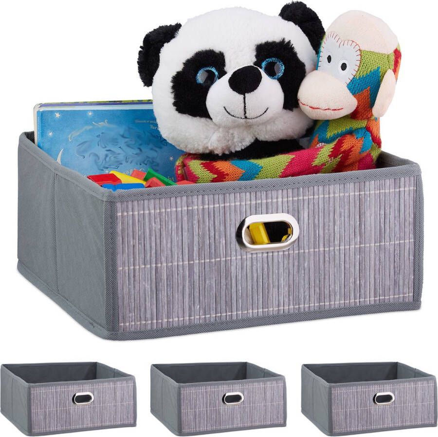 Relaxdays 4 x opbergmand badkamer bamboe mand opbergdoos stof opbergbox grijs