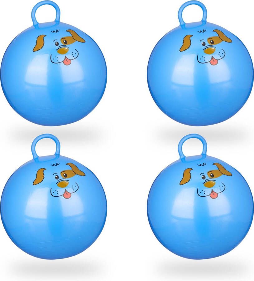 Relaxdays 4 x skippybal in set voor kinderen hond design springbal blauw