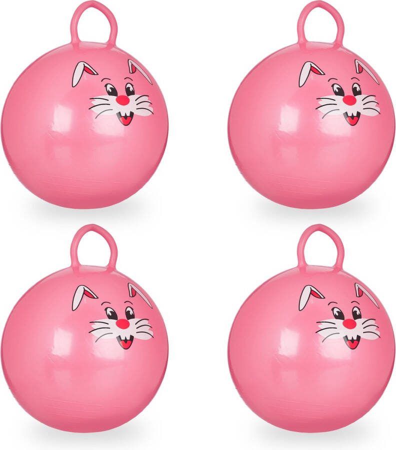 Relaxdays 4 x skippybal in set voor kinderen Met konijn opdruk springbal roze