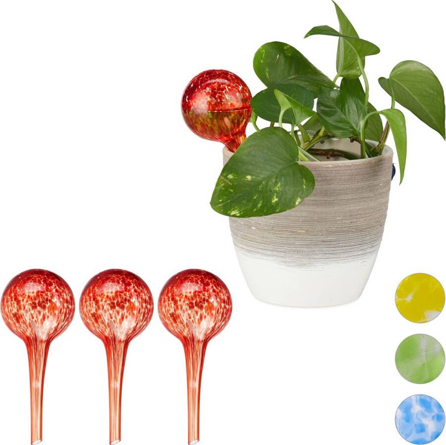 Relaxdays 4 x waterdruppelaar glas waterbollen voor planten Ø6cm – rood