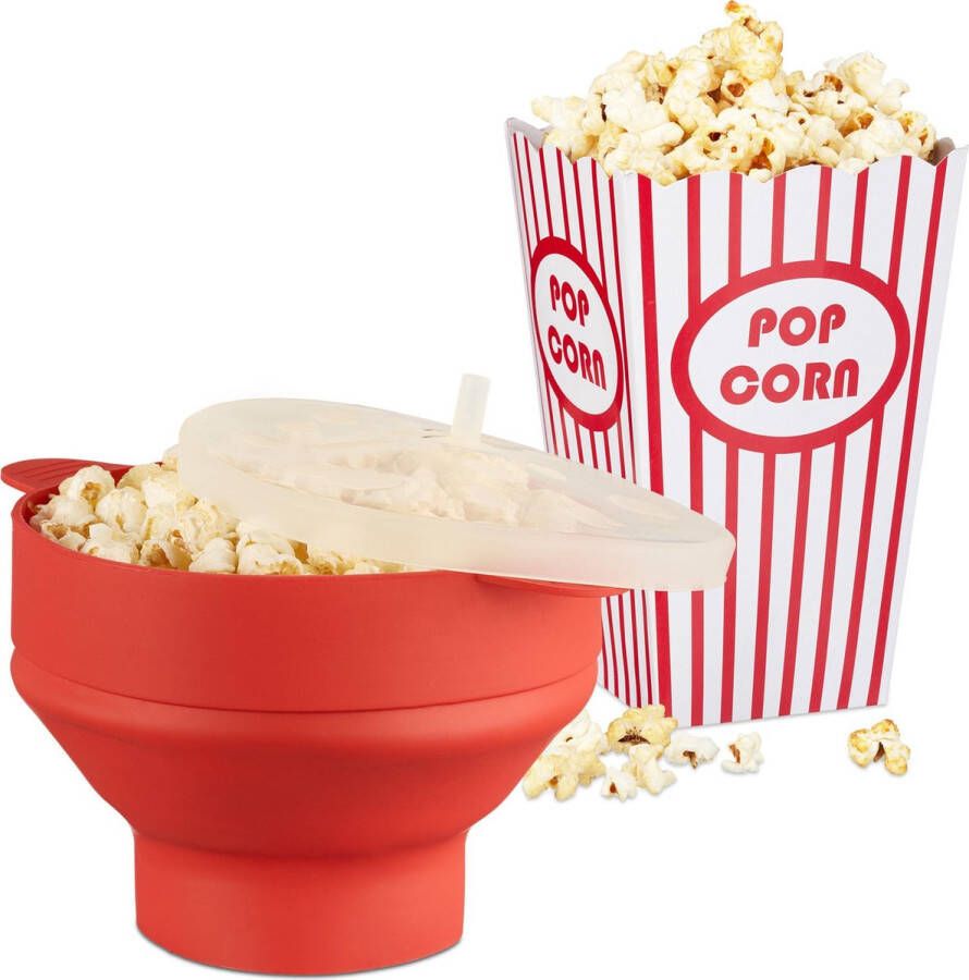 Relaxdays 49-delige popcorn set siliconen popcorn maker rood popcorn zakjes gestreept
