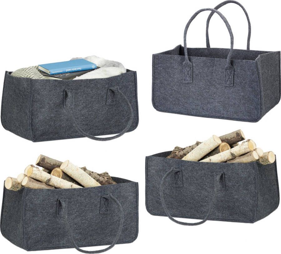 Relaxdays 4er set draagtas van vilt viltmand haardhoutmand opbergmand antraciet