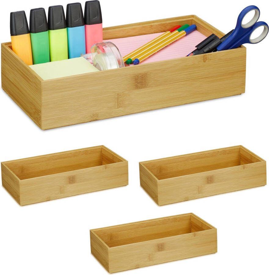 Relaxdays 4x bamboe organizer stapelbaar badkamer keuken opbergbox breed open