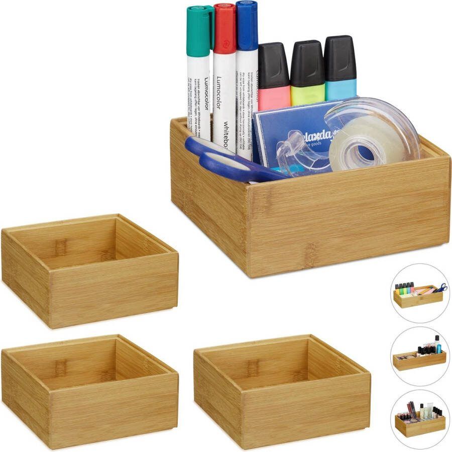 Relaxdays 4x bamboe organizer stapelbaar badkamer keuken opbergbox open