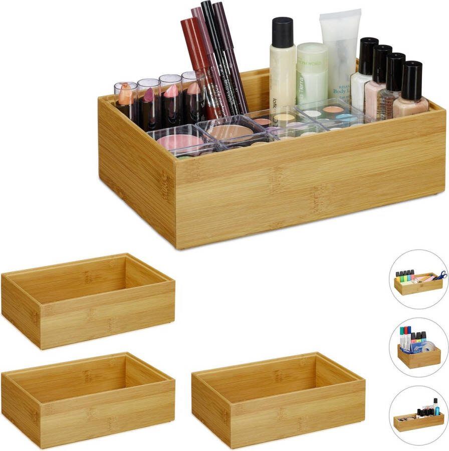 Relaxdays 4x bamboe organizer stapelbaar badkamer keuken opbergbox open