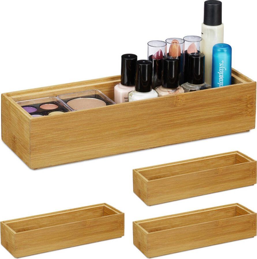 Relaxdays 4x bamboe organizer stapelbaar badkamer keuken opbergbox open