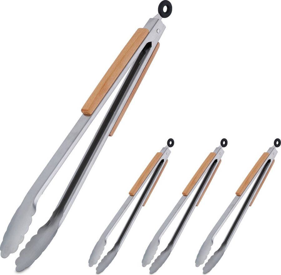 Relaxdays 4x barbecuetang houten handgreep bbq serveertang vleestang 38 cm rvs