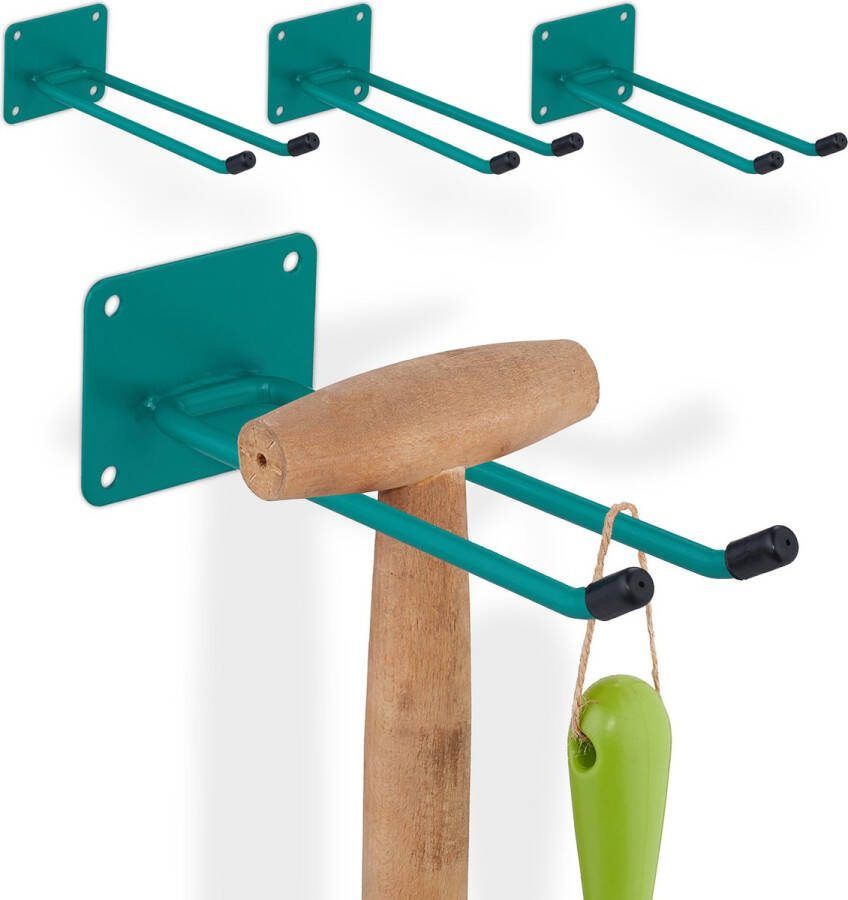 Relaxdays 4x bezemhouder staal tuingereedschapshouder 25 kg ophanghaak garage groen
