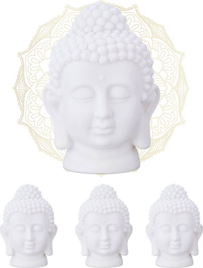 Relaxdays 4x boeddha hoofd boeddha beeld 17 cm zen decoratie kunststof wit