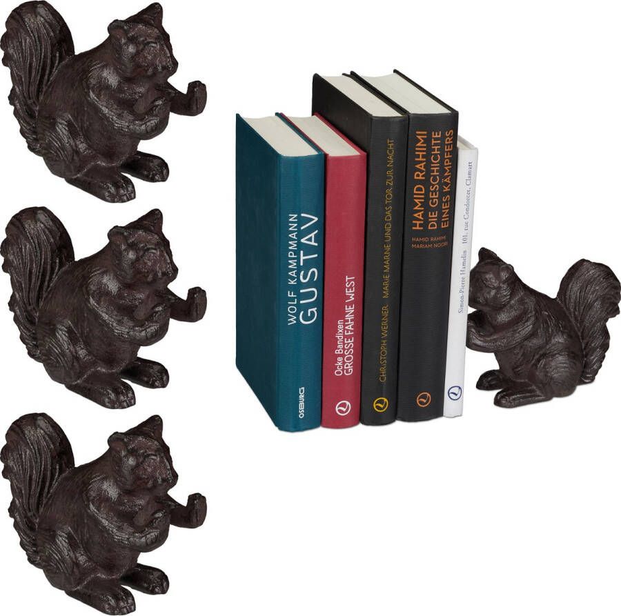 Relaxdays 4x boekensteun eekhoorn gietijzer boekenhouder steun boekenstandaard