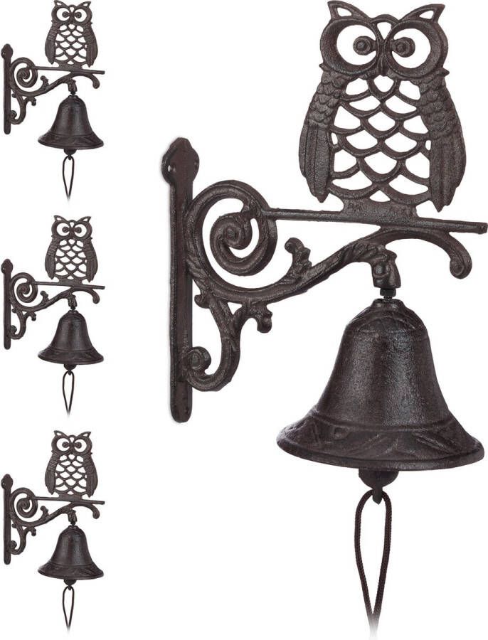 Relaxdays 4x deurbel gietijzer uil tuinbel wandbel ijzer vintage tuindecoratie