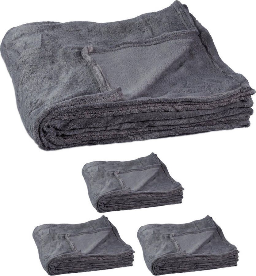 Relaxdays 4x fleece deken 200x220 cm plaid bank kleed polyester grijs- xxl groot