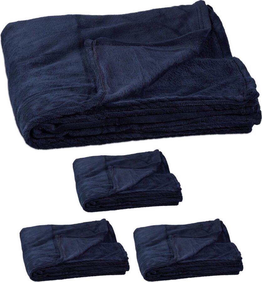 Relaxdays 4x fleece deken 200x220 cm plaid bank kleed polyester xxl blauw