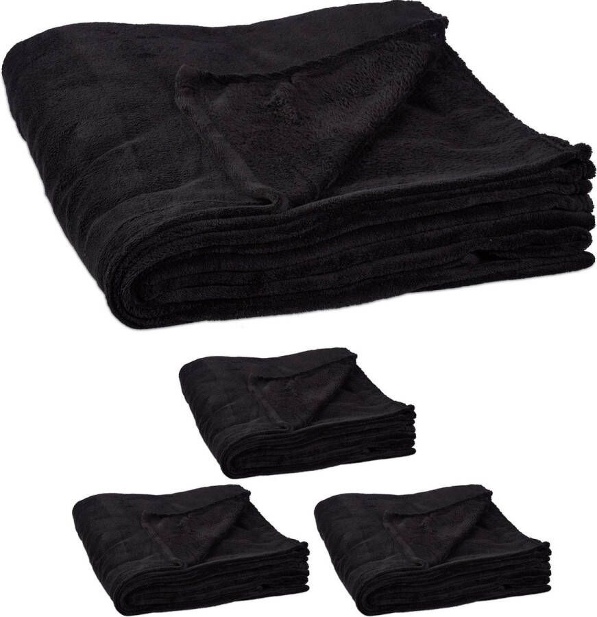 Relaxdays 4x fleece deken 200x220 cm plaid kleed polyester zwart xxl groot