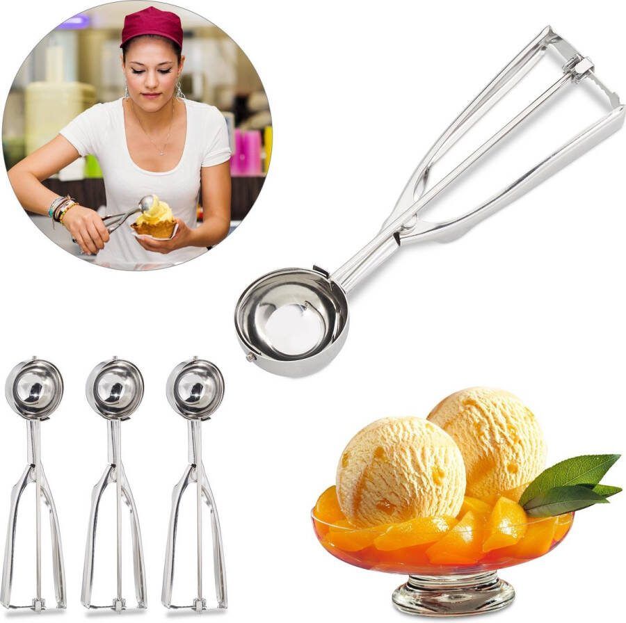 Relaxdays 4x ijslepel rvs ijsbolschep professioneel 53 mm fruit deeg zilver