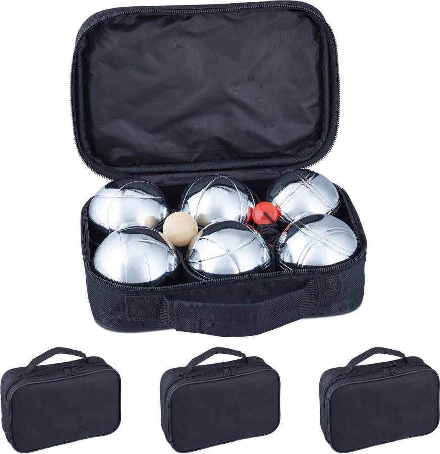Relaxdays 4x jeu de boules set metalen ballen petanque in draagtas – afstandmeter