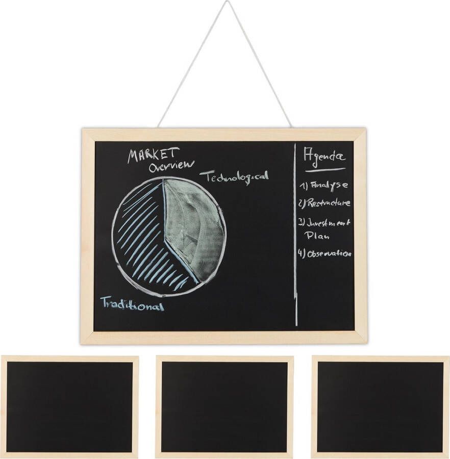 Relaxdays 4x krijtbord met houten lijst memobord memoboard voor aan de muur zwart