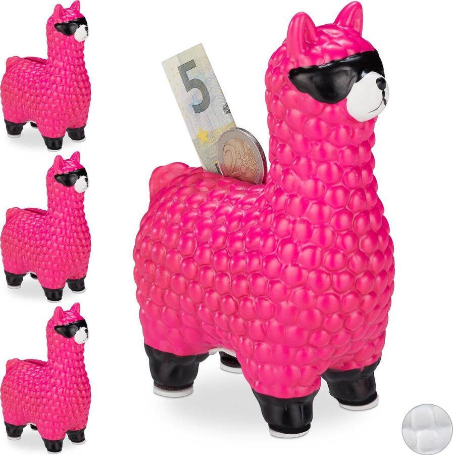 Relaxdays 4x lama spaarpot met zonnebril felroze spaarpotje alpaca keramiek