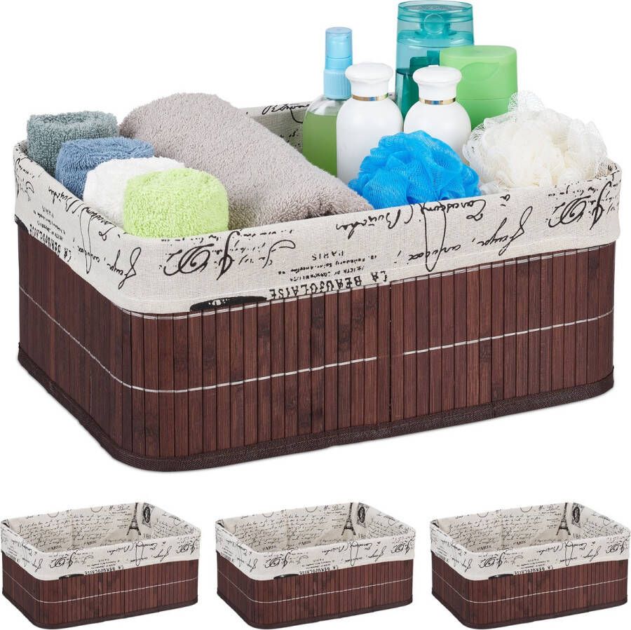 Relaxdays 4x opbergmand bamboe 15 5 l opvouwbare kast mand bruine badkamermand