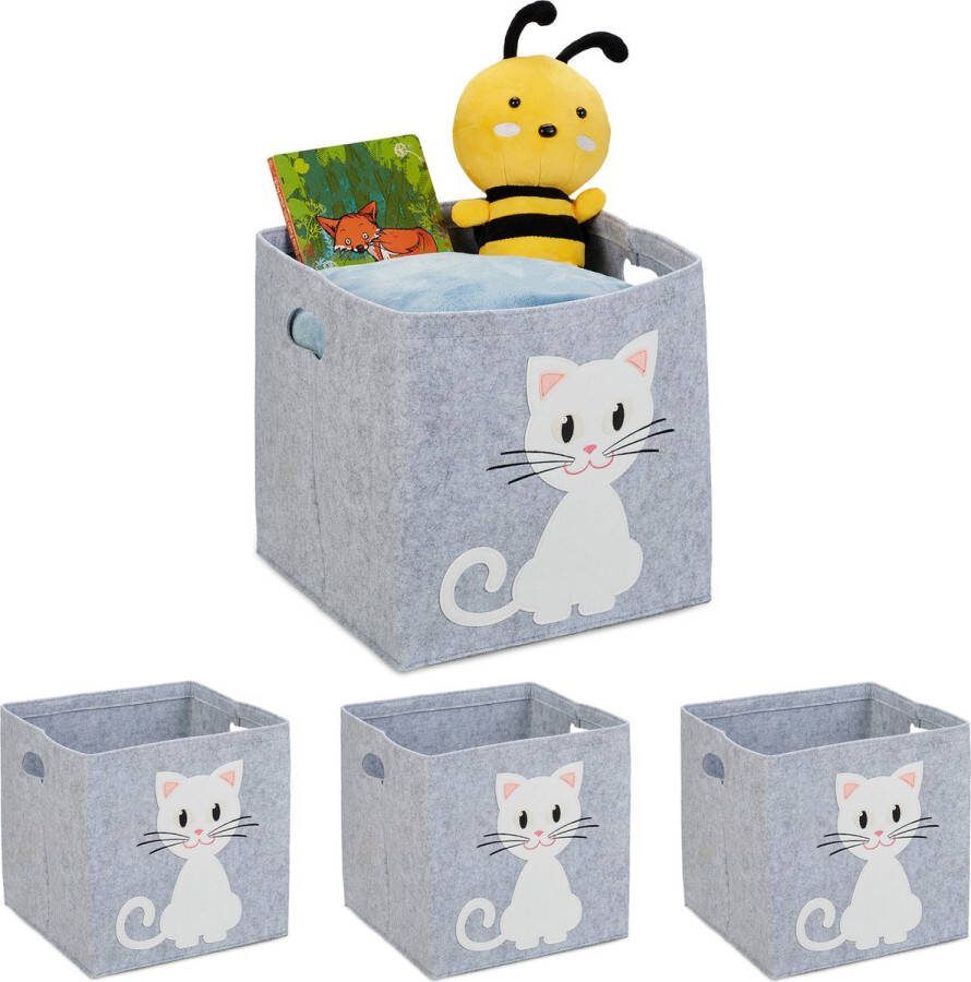 Relaxdays 4x opbergmand kinderkamer vilten speelgoedmand kat opbergbox speelgoed