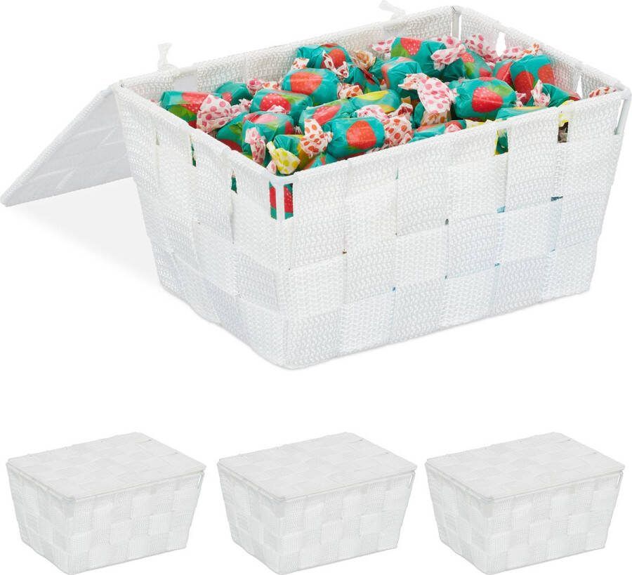 Relaxdays 4x opbergmand met deksel kastmand kunststof mand voor badkamer wit