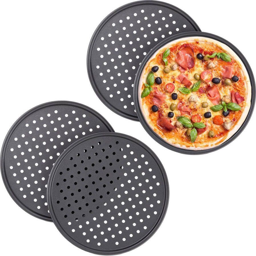Relaxdays 4x pizzaplaat rond pizza bakplaat rond antiaanbaklaag geperforeerd grijs
