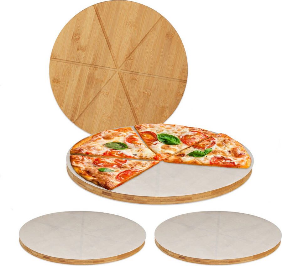 Relaxdays 4x Pizzaplank bamboe rond serveerplank- 33 cm bakpapier pizzabord set