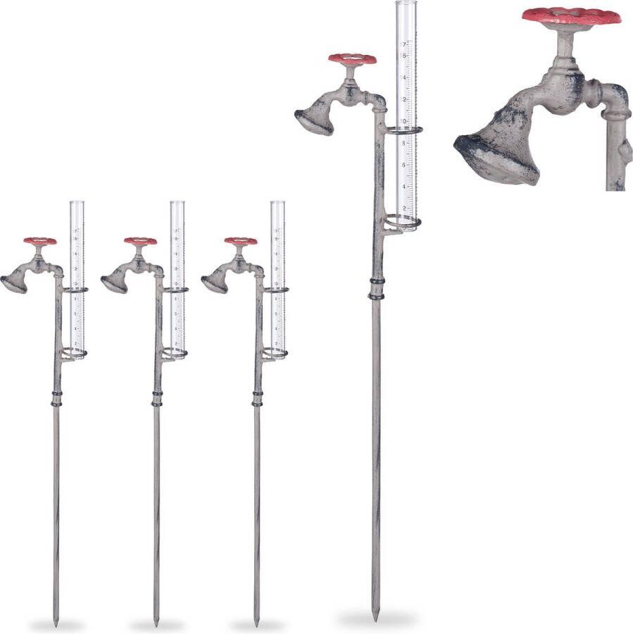 Relaxdays 4x regenmeter waterkraan neerslagmeter 17 cm van glas rustiek grijs