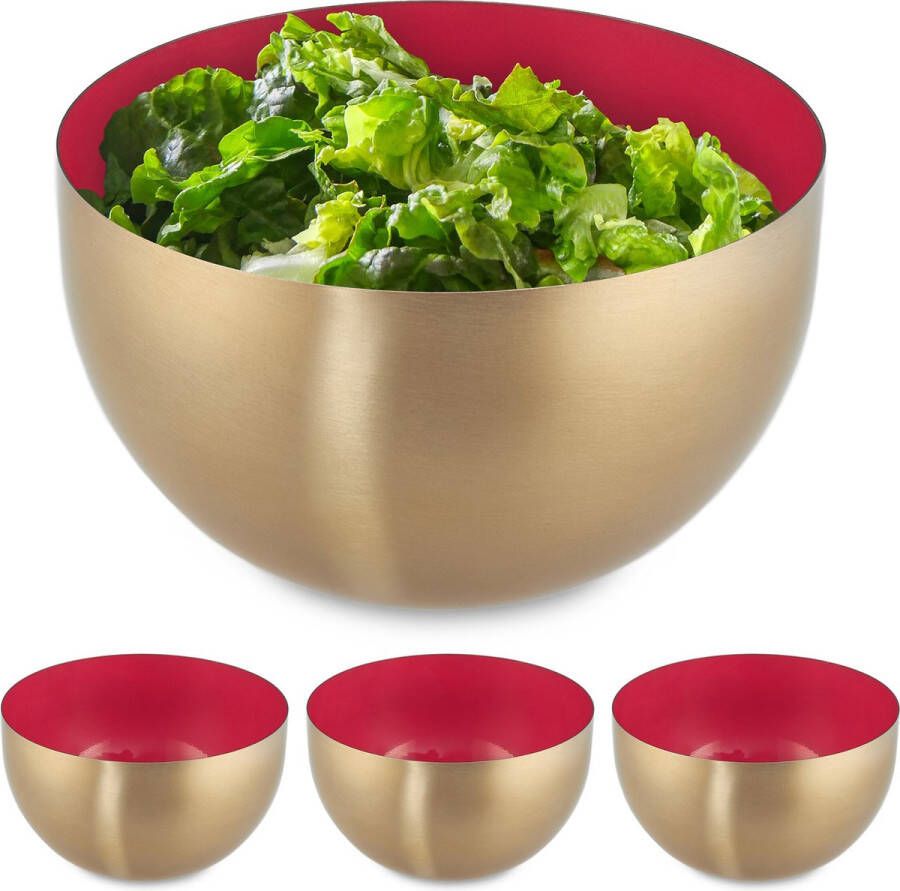 Relaxdays 4x saladeschaal 1 liter rood-goud saladekom mengkom rvs bakken