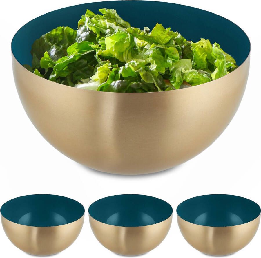 Relaxdays 4x saladeschaal 2 liter groen-goud serveerschaal rond mengkom rvs