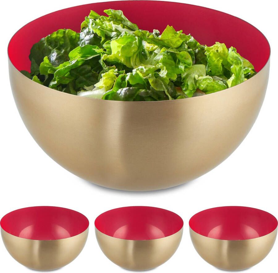 Relaxdays 4x saladeschaal 2 liter rood-goud serveerschaal rond mengkom rvs