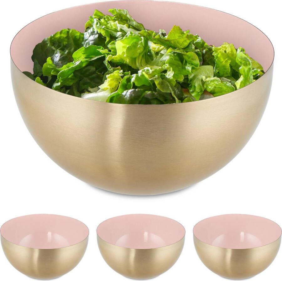 Relaxdays 4x saladeschaal 2 liter roze-goud serveerschaal rond mengkom rvs