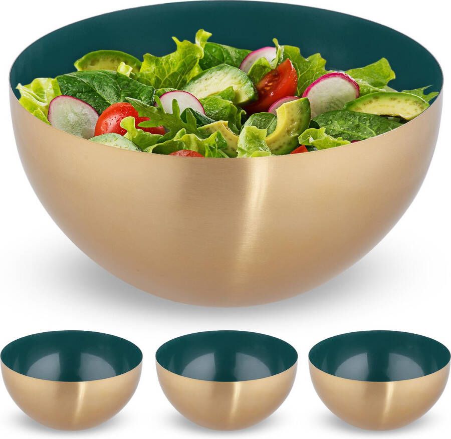 Relaxdays 4x saladeschaal 3 5 liter groen-goud slakom mengkom Ø 25cm rvs